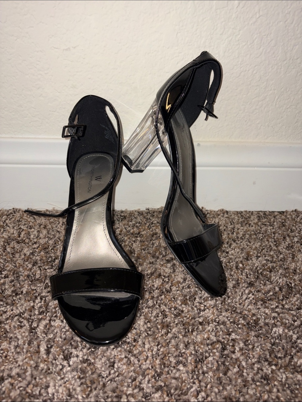 Windsor Smith Black Patent Block Heel Sandals with Clear Heel